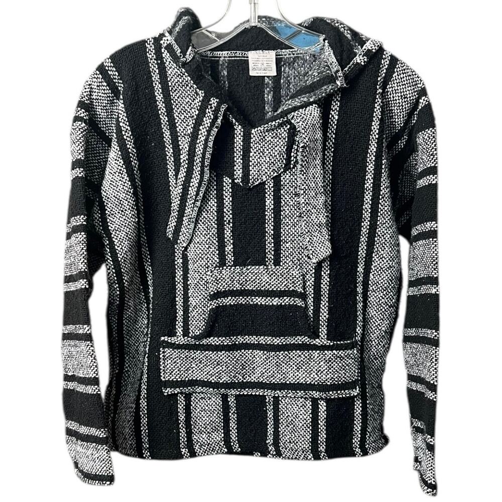 Black & White Baja Hoodie Mexican Jerga Pullover Surf Skater - S